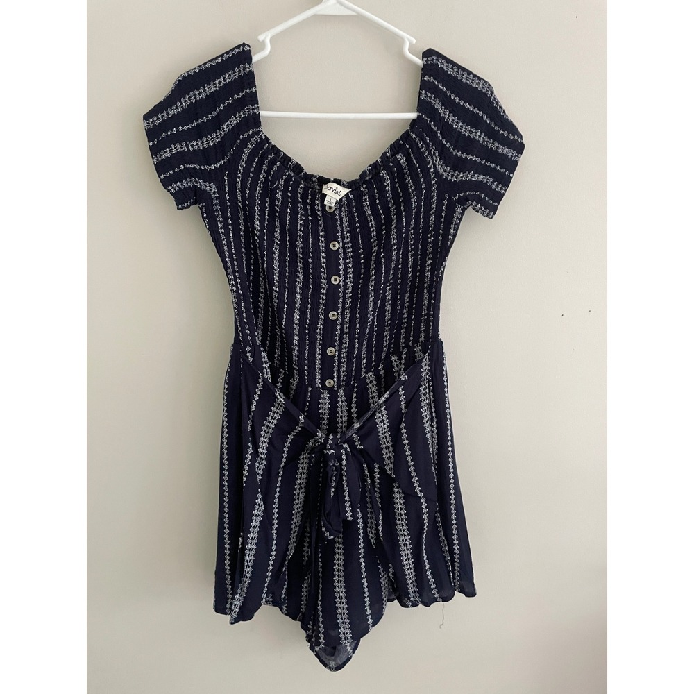 Davi‎ & Dani Navy Blue Geometric Smocked Off Shoulder Romper Women Large